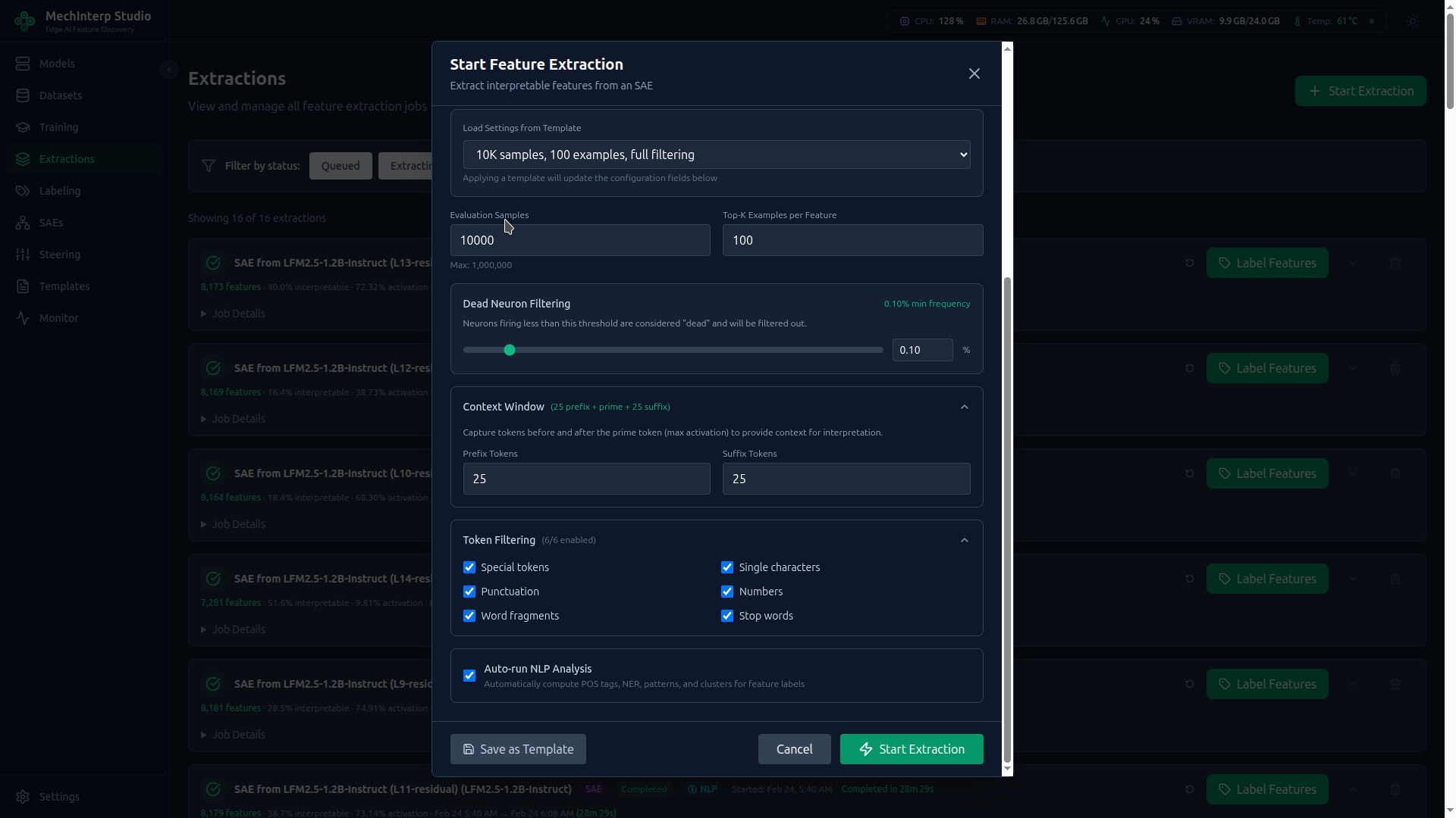 Feature Extraction Job Configuration — Token filtering and context