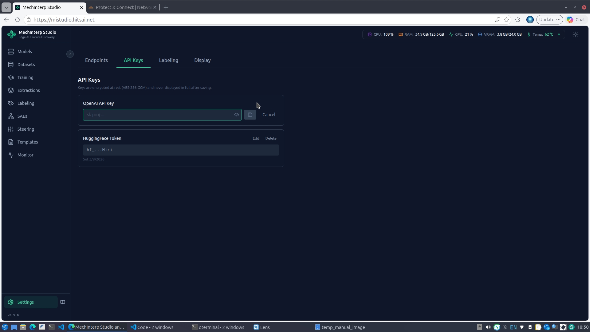 Settings API Keys tab with OpenAI key in edit mode and HuggingFace token already saved