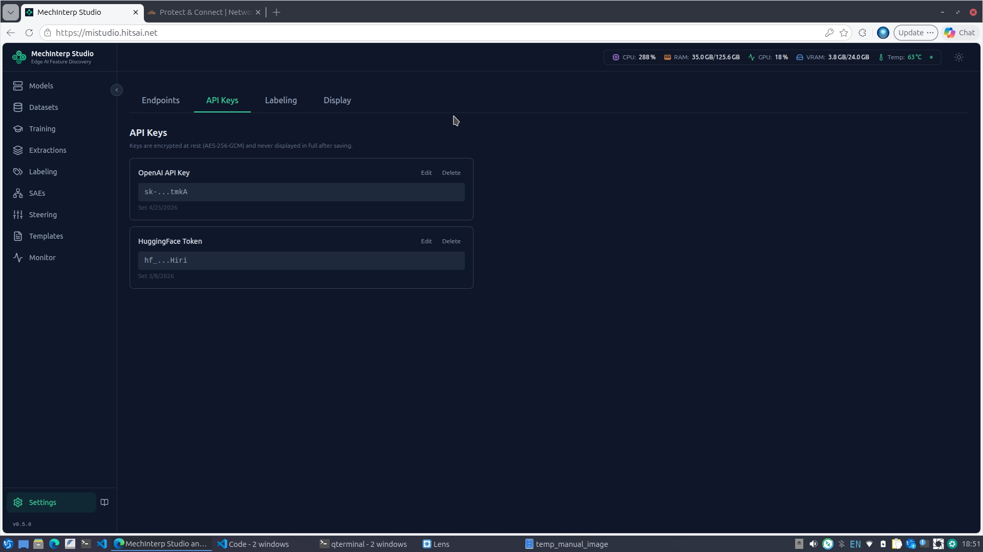 Settings API Keys tab — OpenAI key stored as masked value, HuggingFace token also saved