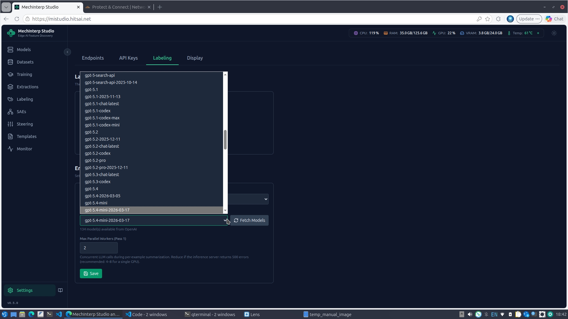 Model dropdown populated with 134 GPT-5 models from Fetch Models