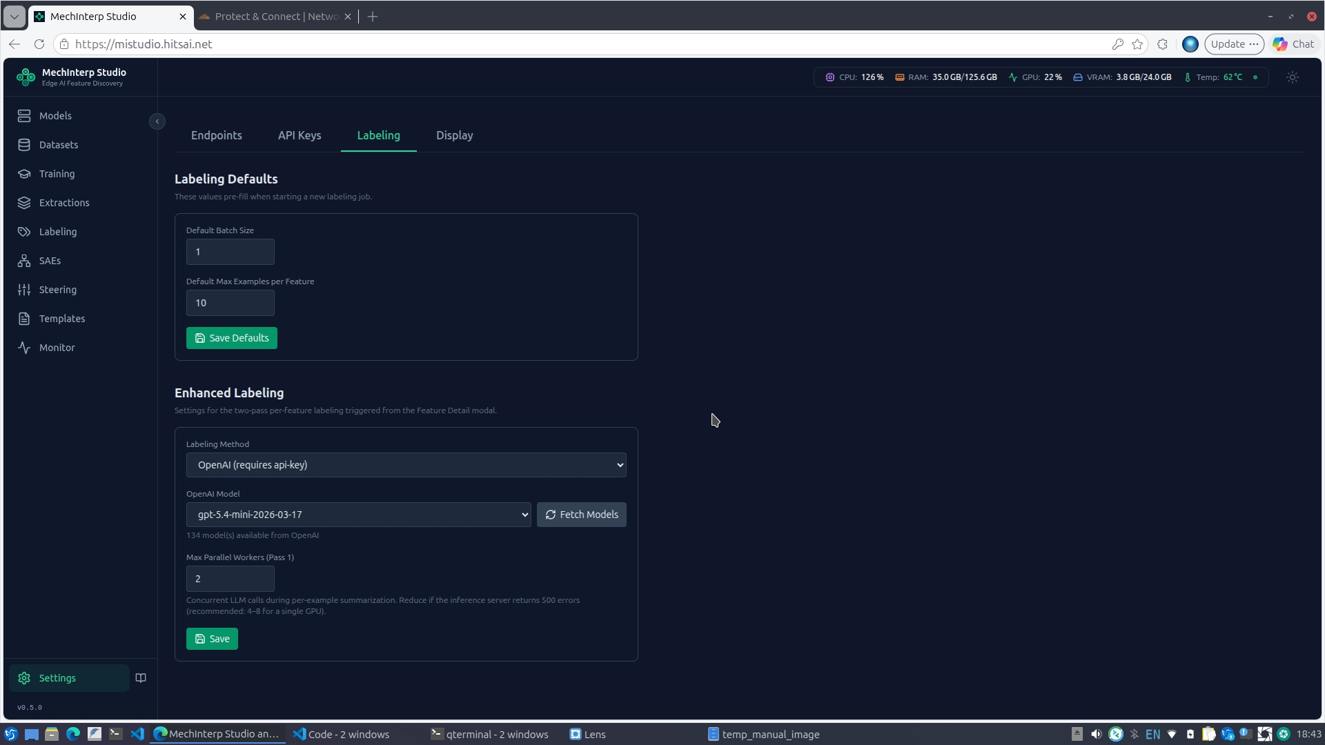 Settings → Labeling tab — Enhanced Labeling section with OpenAI method selected, model dropdown with Fetch Models, and Max Parallel Workers